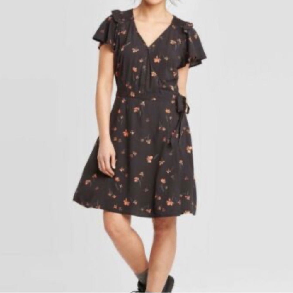 Target; universal thread; wrap dress w/ soft black print & red/orange floral.